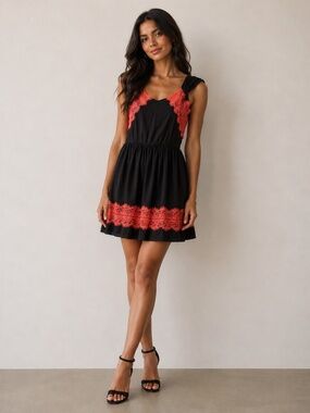 Sandro Roudoudou Black Mini Dress Orange Lace detail Zip back gathered waist